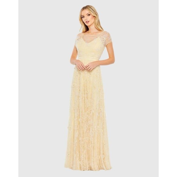 MAC DUGGAL Size 16 Yellow 70274 Embellished Illusion Cap Sleeve Formal Gown $598 - Picture 1 of 10